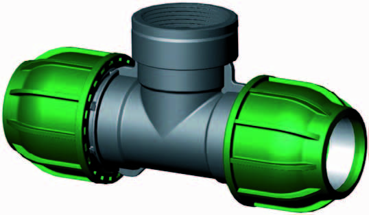 PP klemkoppeling T-stuk 40mm x 1¼" binnendraad x 40mm Lamp